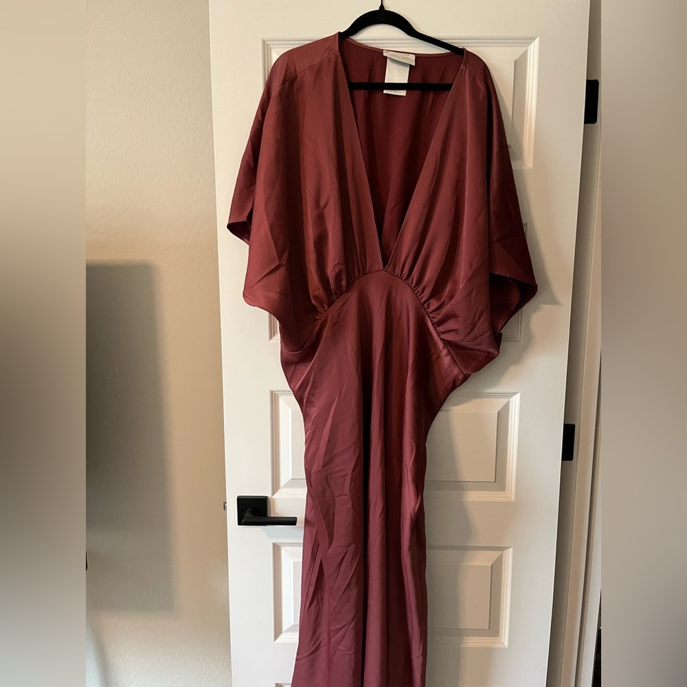 BHLDN Leila Deep-V Flutter Sleeve Satin A-Line Gown